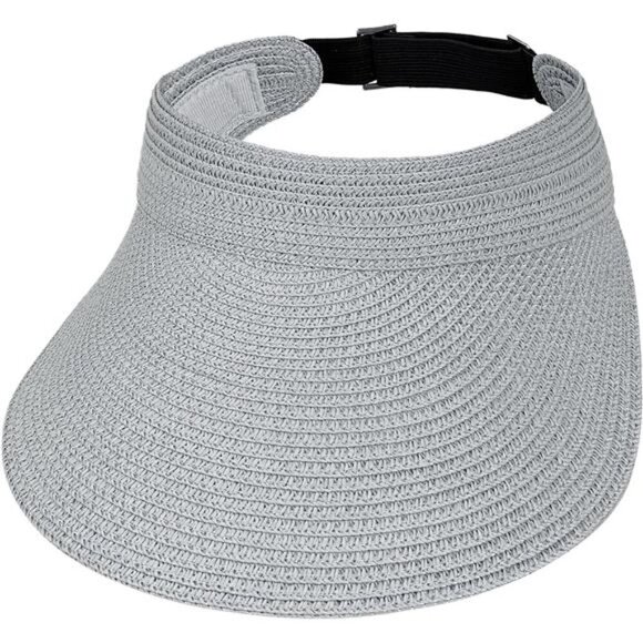 Gray Wide Brim Straw Sun Visor Hat – Packable Straw Visor with Adjustable Fit - Picture 1 of 8